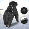 A pair of black touch screen winter tactical gloves shown with close-ups of the palm and finger tips.
