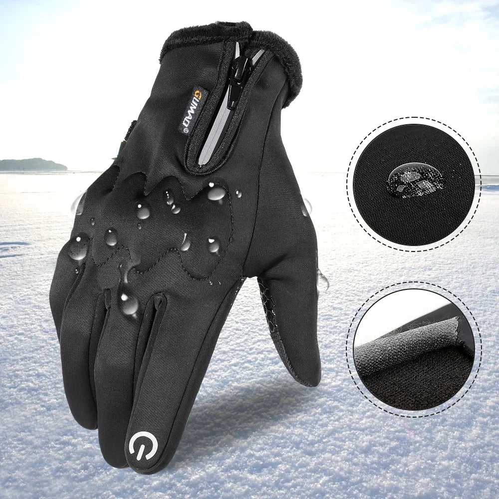 A pair of black touch screen winter tactical gloves shown with close-ups of the palm and finger tips.