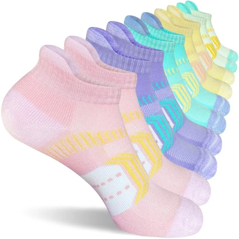 A stack of women's performance ankle socks in various pastel colors, including pink, purple, and yellow.