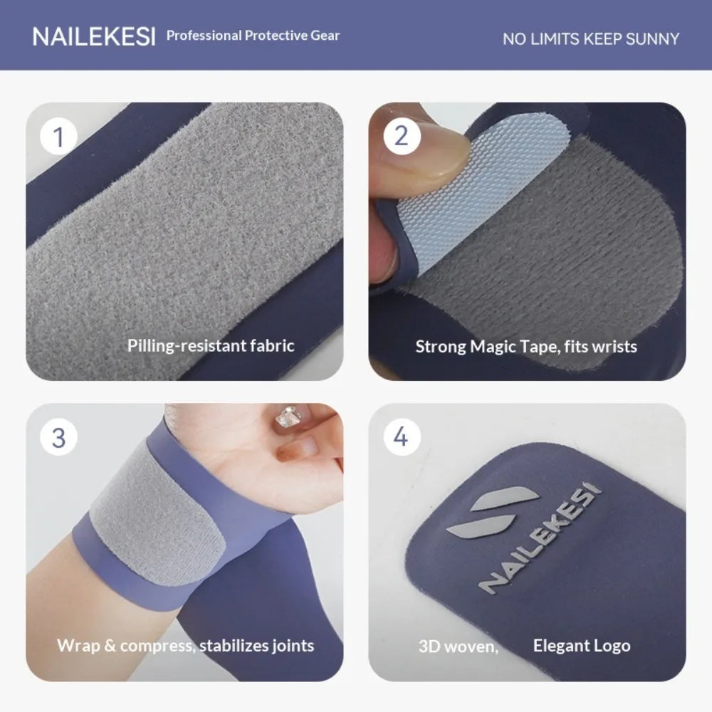 Close-up view of a Nikeesi wrist brace showing its fabric, tape, and logo details.