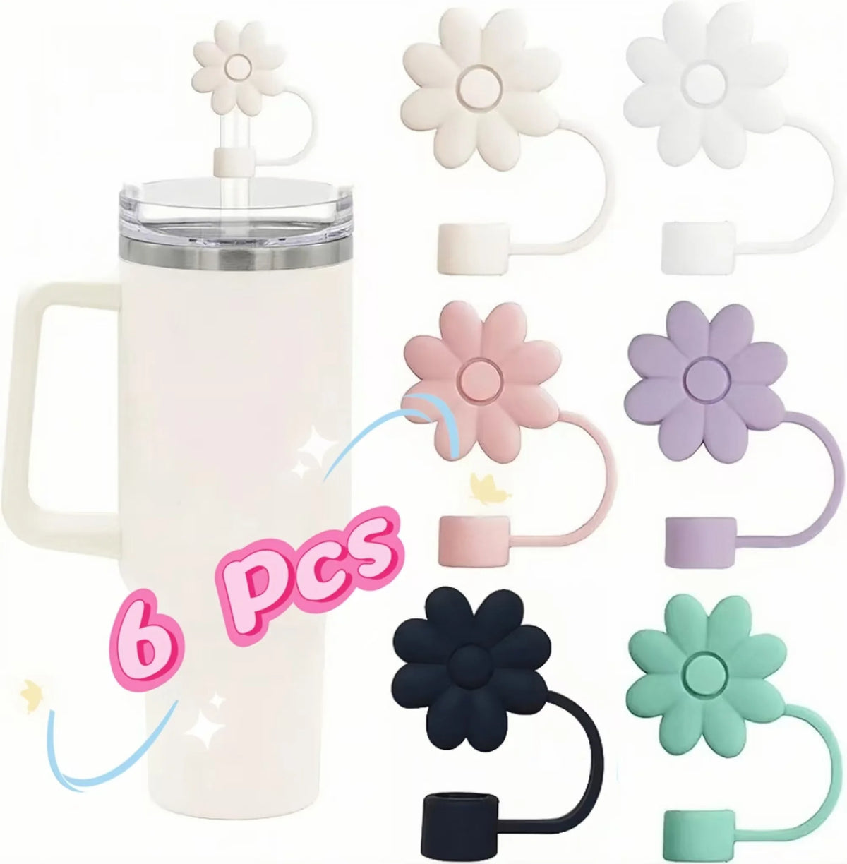 Six silicone straw covers in various pastel colors for tumblers and water bottles