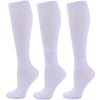 A set of white compression socks shown in various views.