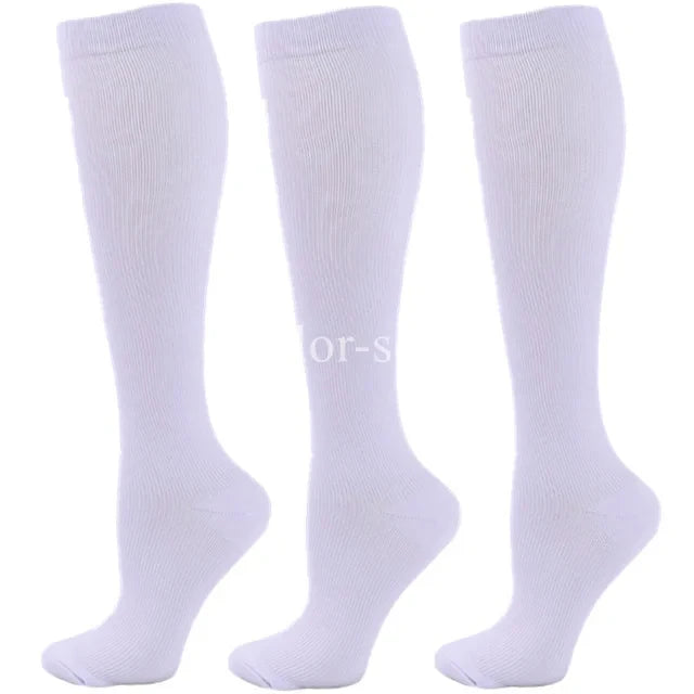 A set of white compression socks shown in various views.