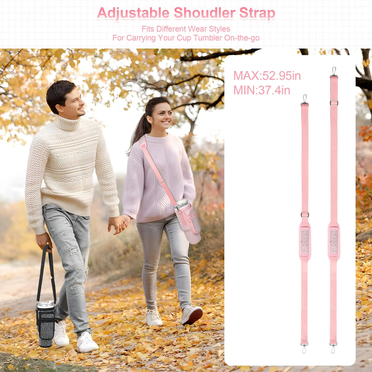 Adjustable shoulder strap for carrying a cup tumbler on the go