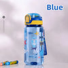 A blue dinosaur silicone straw water bottle for kids with a light blue liquid inside.
