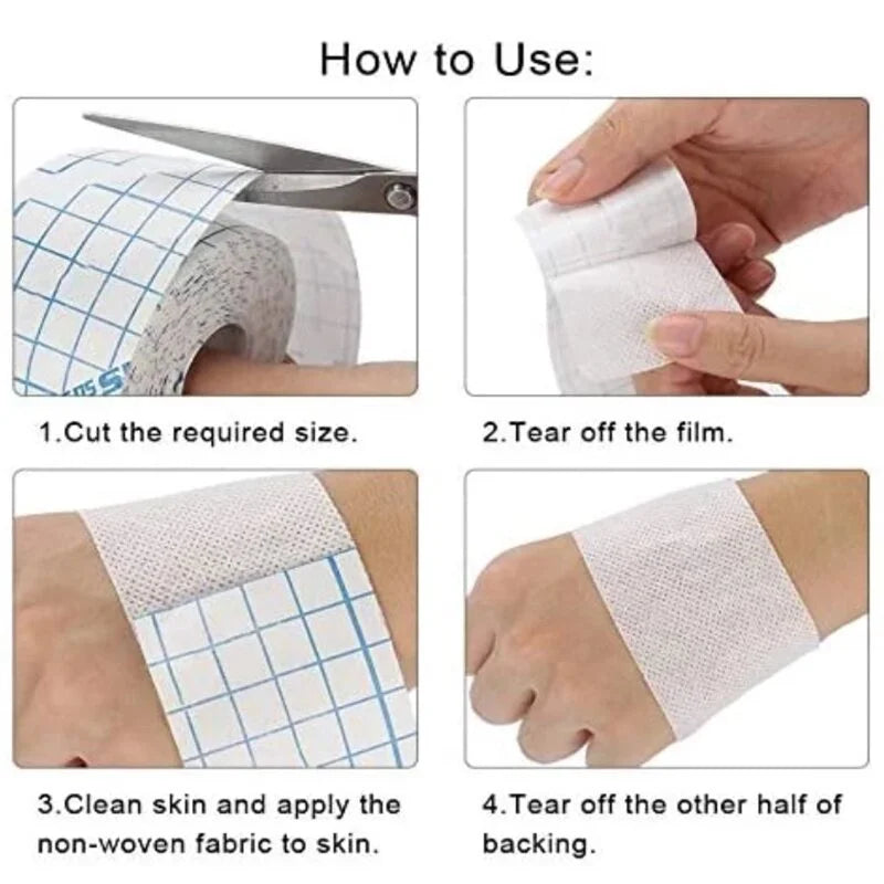 Instrucciones para usar cinta adhesiva no tejida médica, mostrando cómo cortar, despegar y aplicar el paño a la piel