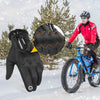 A man wearing red tactical gloves is riding a blue bicycle in a snowy outdoor setting. A close-up shows the palm design of th
