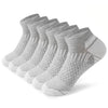 A row of gray athletic knit ankle socks for men displayed on a white background.