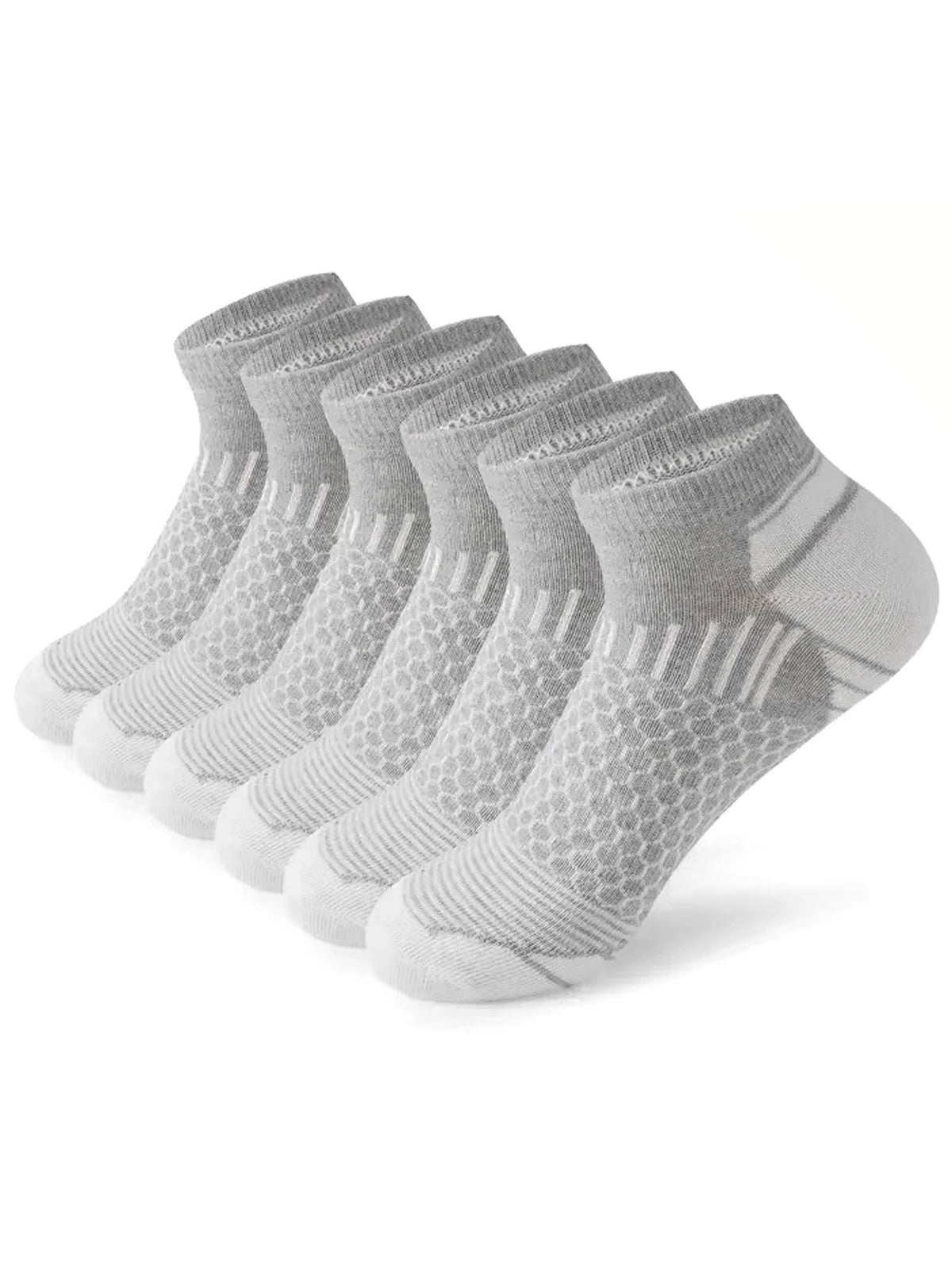 A row of gray athletic knit ankle socks for men displayed on a white background.