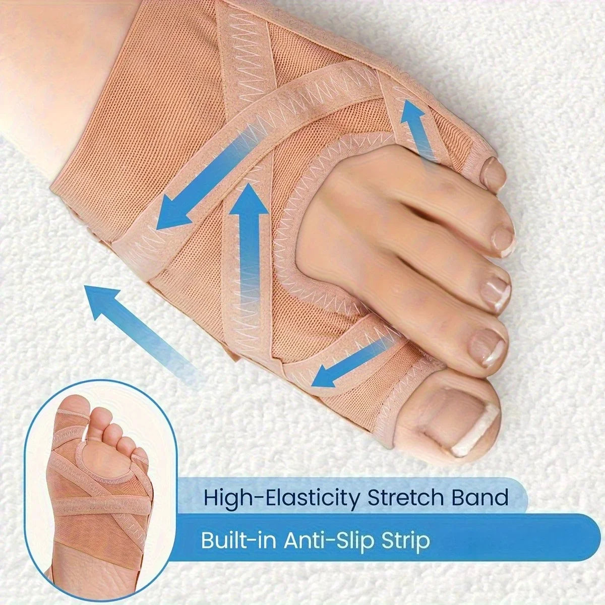A beige high-elasticity stretch band with a built-in anti-slip strip is shown wrapped around a foot.