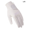 A white microfiber men's golf glove shown from the back, with a logo on the palm area.
