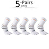 Five pairs of white men's sport compression socks displayed flat.