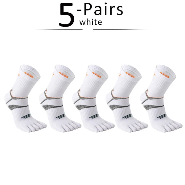 Five pairs of white men's sport compression socks displayed flat.