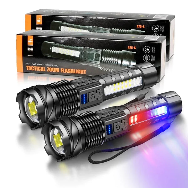 A tactical LED flashlight with a zoomable torch and USB charging is shown in various packaging and usage contexts.