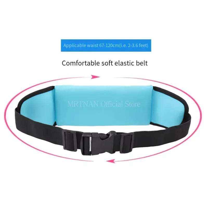 A black elastic belt with a light blue padded section is shown for an adjustable sport waist bag.