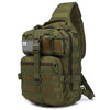 Olive green tactical sling backpack with a US flag patch on the front