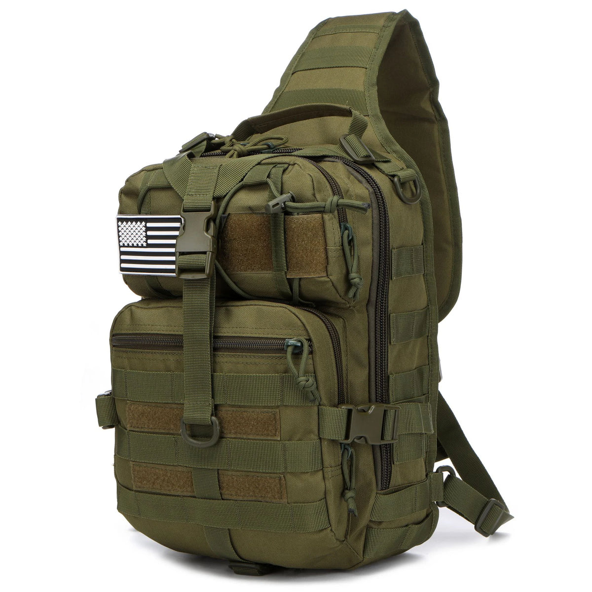 Olive green tactical sling backpack with a US flag patch on the front