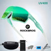 A pair of light green polarized cycling sunglasses with UV400 protection shown in various forms.