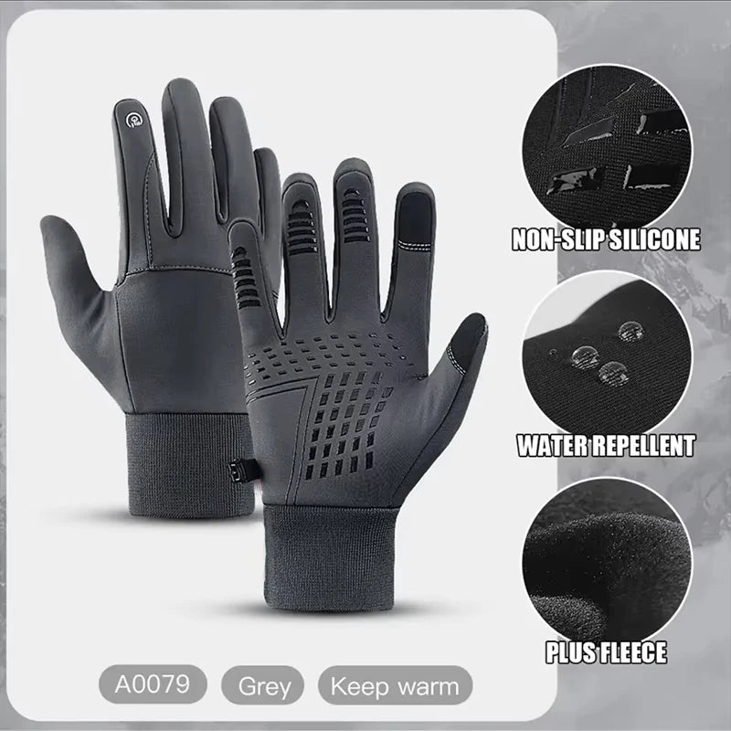 Black non-slip silicone water repellent gloves with plus fleece lining for outdoor activities