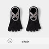 A pair of black five-finger invisible yoga and fitness socks with a silver crisscross design.