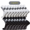 Five pairs of black and white mid-calf football socks are displayed in a row.