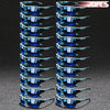 A vertical arrangement of twenty pairs of blue sunglasses displayed against a dark background.