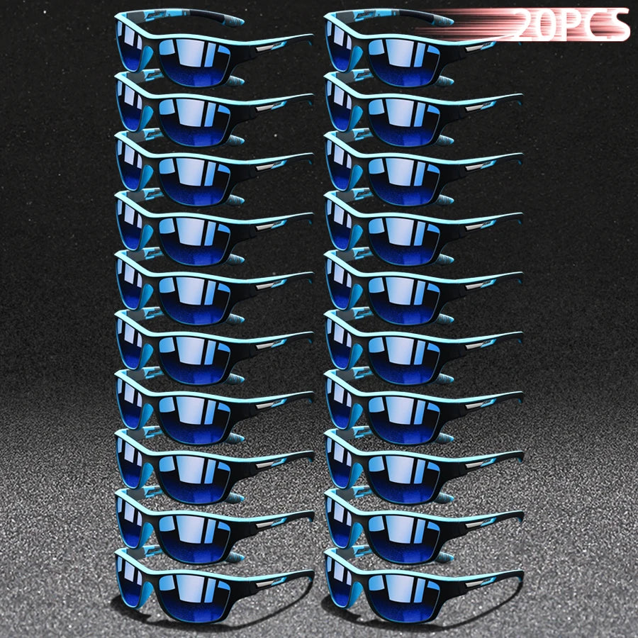 A vertical arrangement of twenty pairs of blue sunglasses displayed against a dark background.