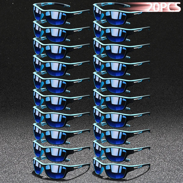 A vertical arrangement of twenty pairs of blue sunglasses displayed against a dark background.