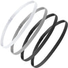 Ein Set von vier weißen und grauen elastischen Sport-Headbändern in kreisförmiger Anordnung.