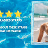 A blonde woman wearing floating sunglasses straps is shown against a blue ocean background.