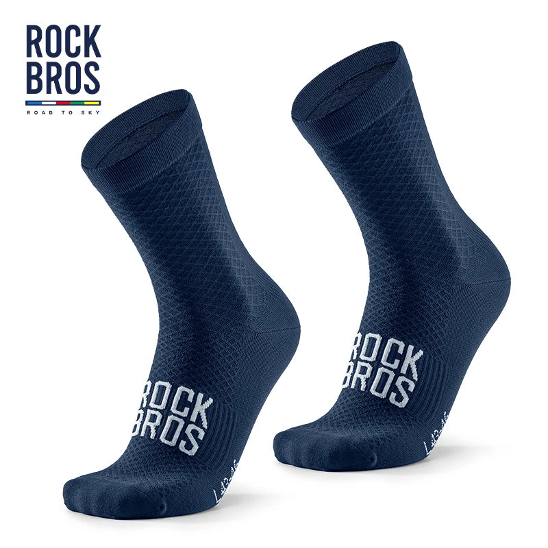 A pair of dark blue compression socks featuring the Rock Bros logo on the calf.