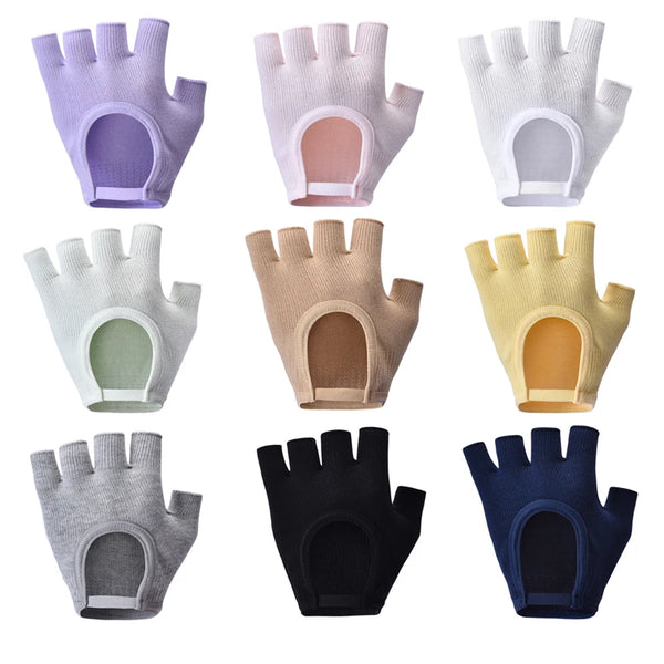 A collection of various colored breathable cotton yoga and fitness gloves shown from the palm view.