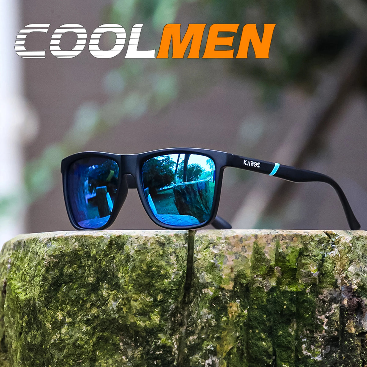 A pair of black polarized sports sunglasses resting on a mossy tree stump.
