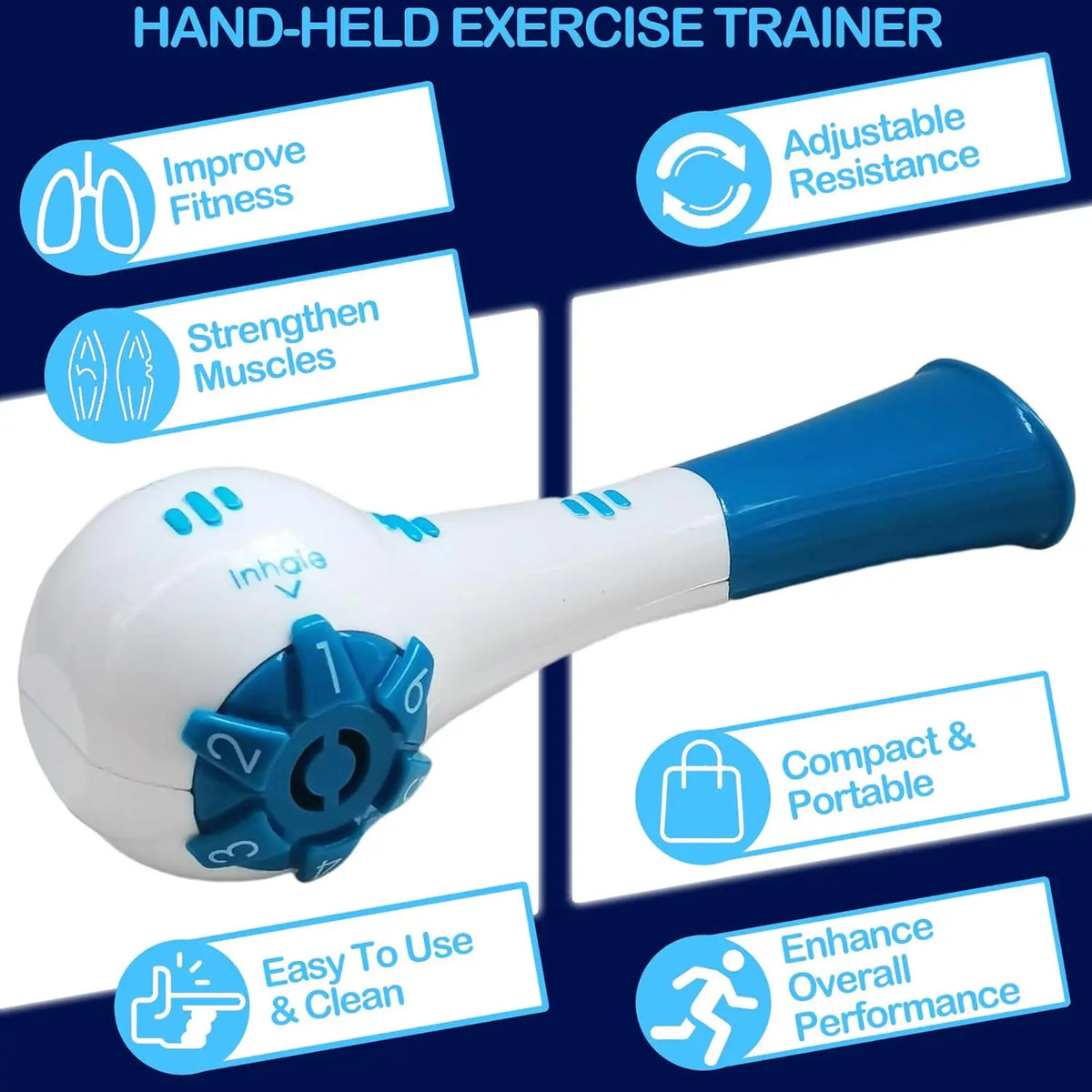 A white and blue handheld exercise trainer with an adjustable resistance mechanism shown against a dark background.