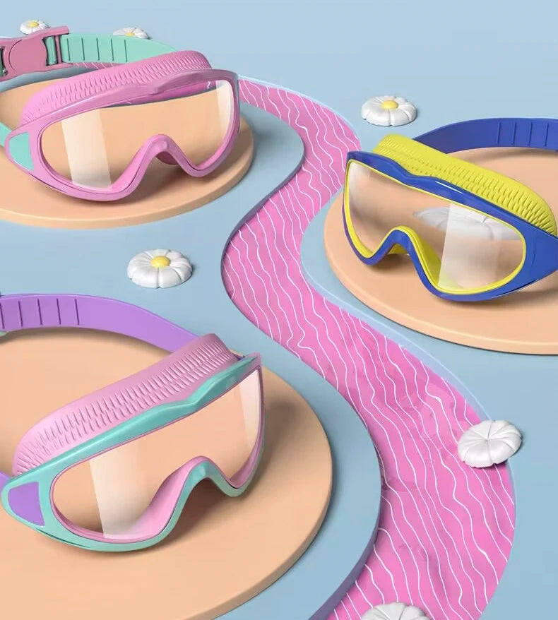 Colorful swimming goggles in pink, purple, and yellow are displayed on a light blue background.