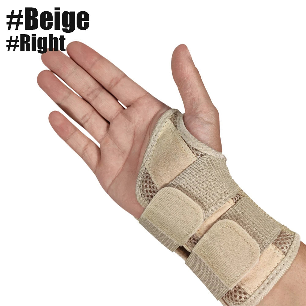 A hand wearing a beige adjustable wrist support brace for pain relief.