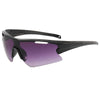Black sport sunglasses with purple lenses and a black frame.