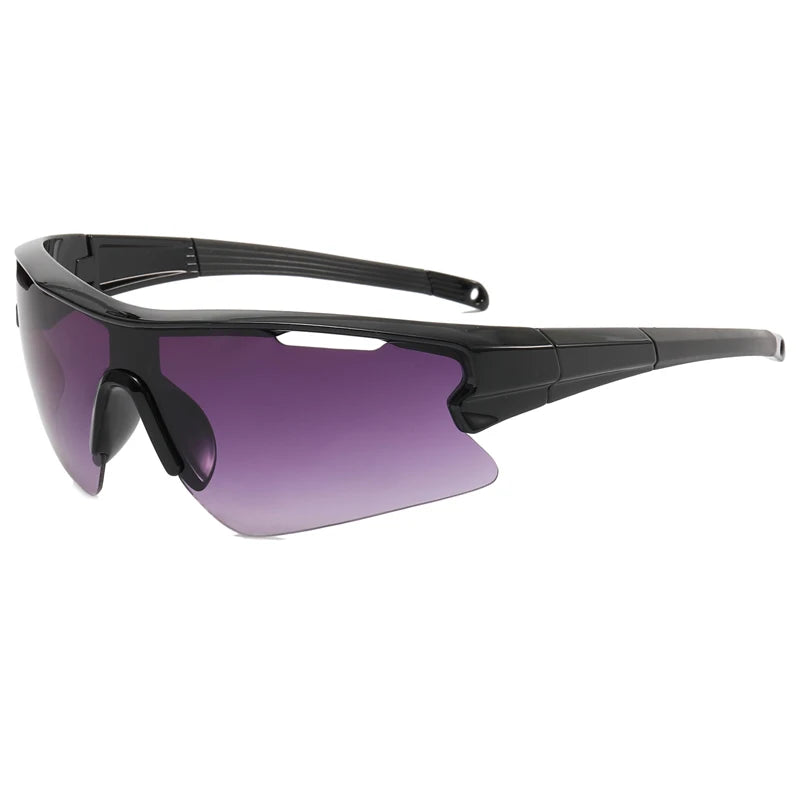 Black sport sunglasses with purple lenses and a black frame.