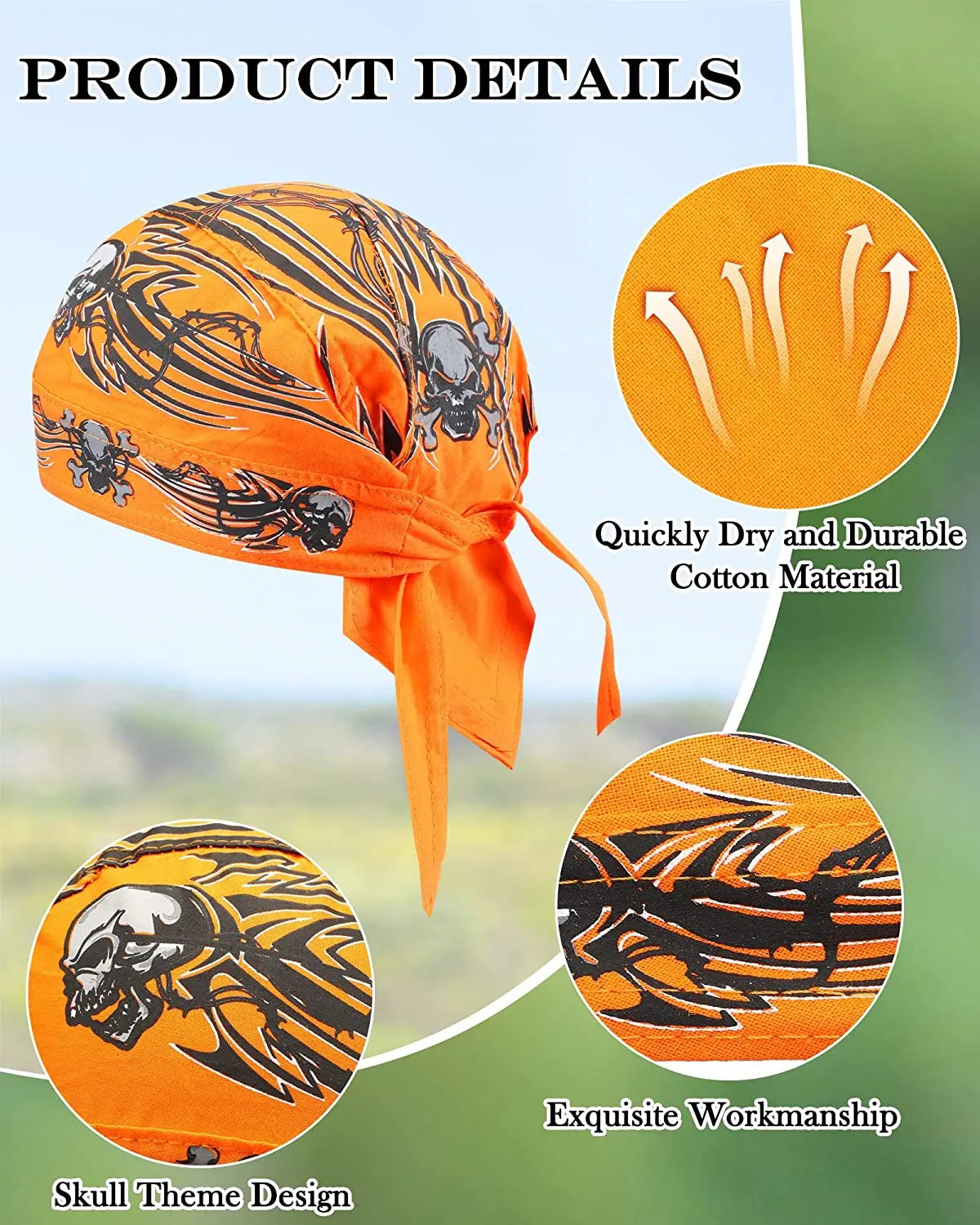 Diadema o bufanda de tela con temática de calavera naranja y detalles negros