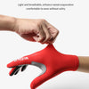 A hand wearing a bright red elastic comfort glove for cycling or sports activity.