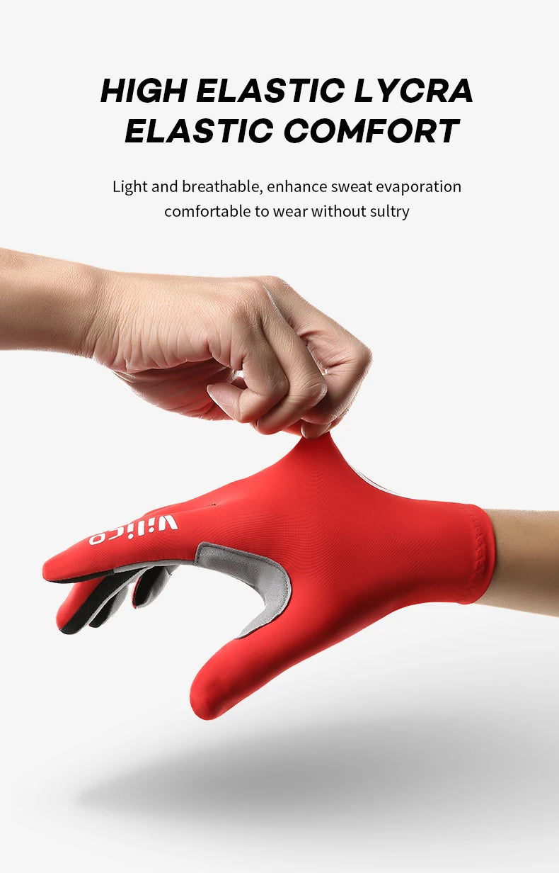 A hand wearing a bright red elastic comfort glove for cycling or sports activity.