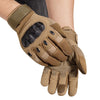 A close-up of tactical full finger gloves in olive green leather with a mesh palm and wrist strap.
