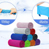 Diagram showing the steps to use cooling microfiber towels: Soak, Wring, Shake, and Wear.