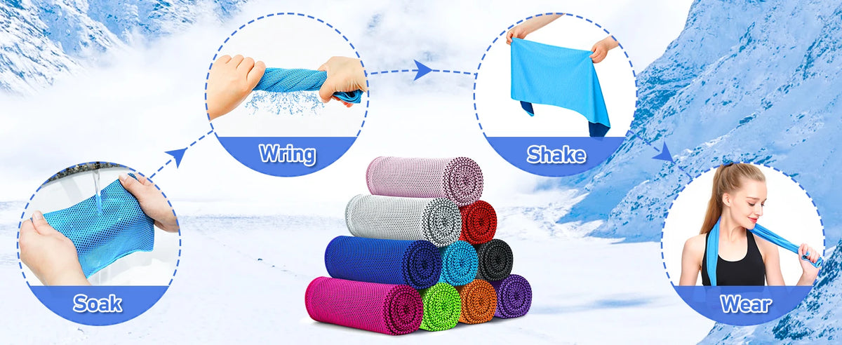 Diagram showing the steps to use cooling microfiber towels: Soak, Wring, Shake, and Wear.
