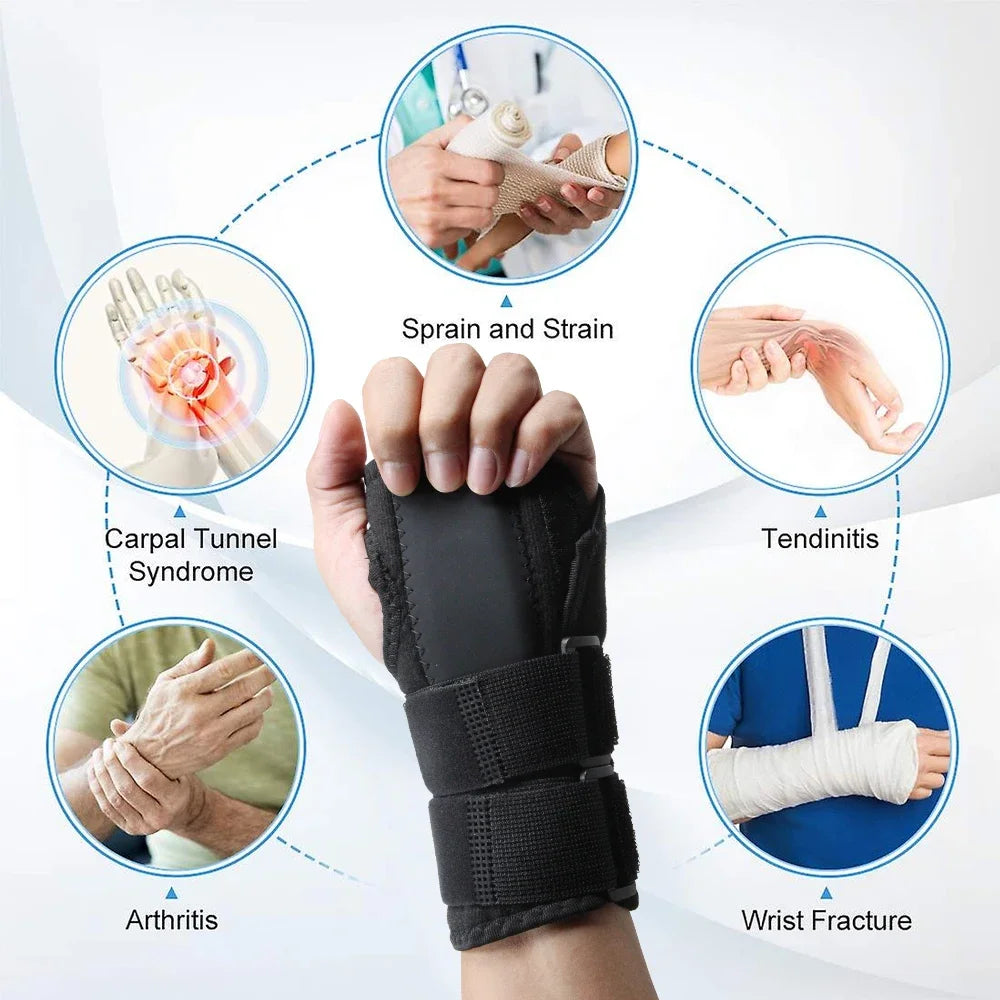 A hand wearing a black wrist support splint, illustrating prevention for conditions like arthritis, sprain, tendonitis, and f