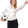 A smiling woman wearing a pink sports headband and a white jacket, holding a soccer ball.