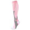A pair of pink compression socks with gray accents for veins and pregnancy.