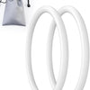 A pair of white silicone knee straps are shown next to a gray fabric pouch for joint support.