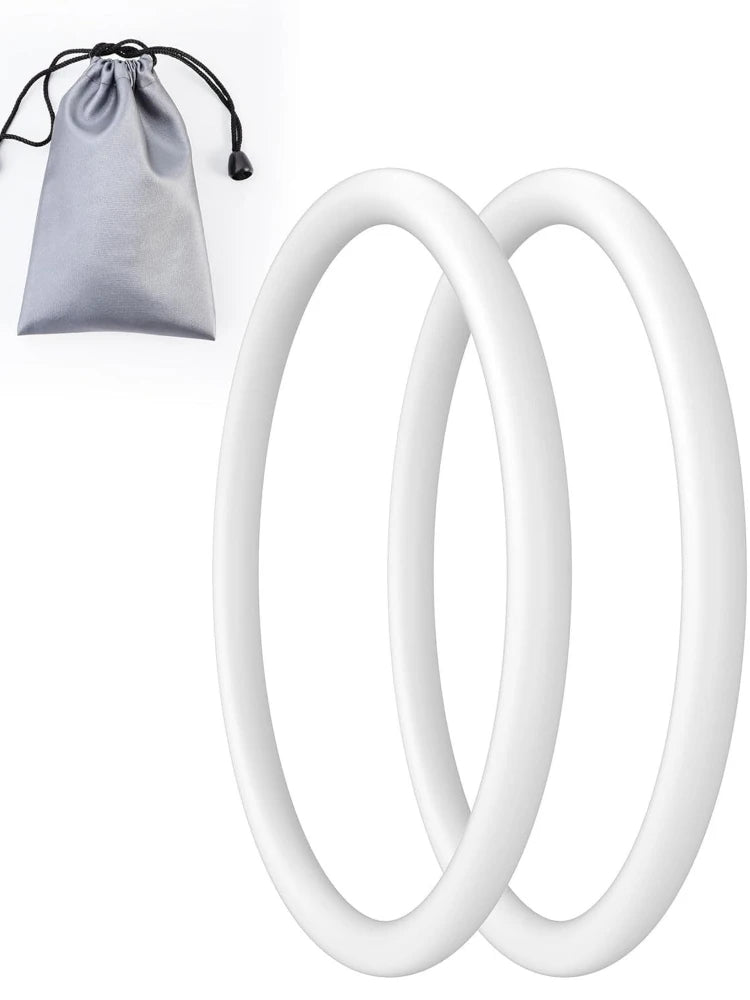 A pair of white silicone knee straps are shown next to a gray fabric pouch for joint support.