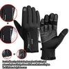 Black waterproof windproof winter gloves shown with close-up details and various sizes.